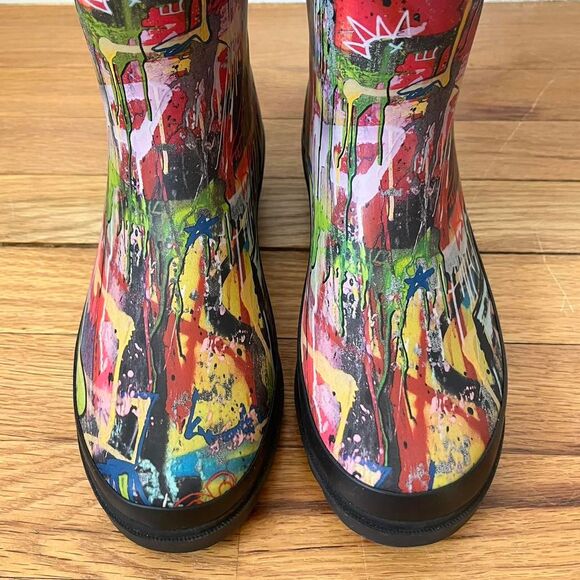 Womens Street Art Print Novelty Multicolor Mid Calf Rubber Rain Boots New 7 - Picture 5 of 8
